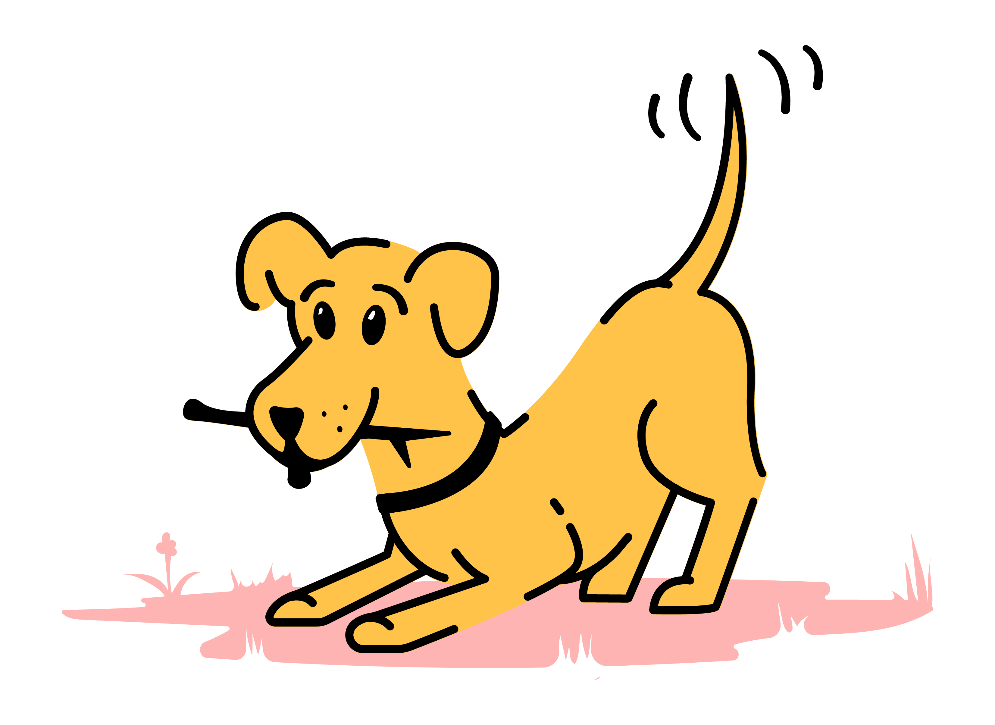 Dog wagging his tail with stick in mouth. illustration